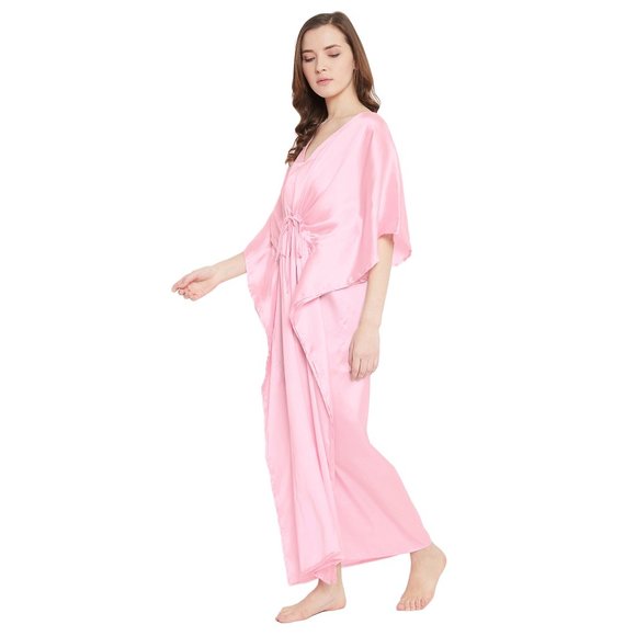 Women's Pink Satin Night Dress Kimono Kaftan Solid Caftan Cover up Maxi Dresses - Picture 6 of 10